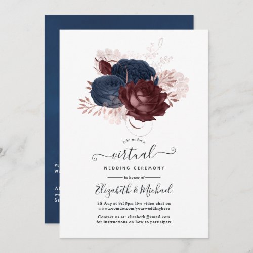 Navy Maroon and Rose Gold Floral Virtual Wedding Invitation