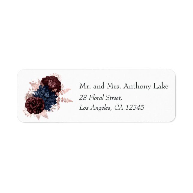 Navy, Maroon and Rose Gold Floral Wedding Label (Front)