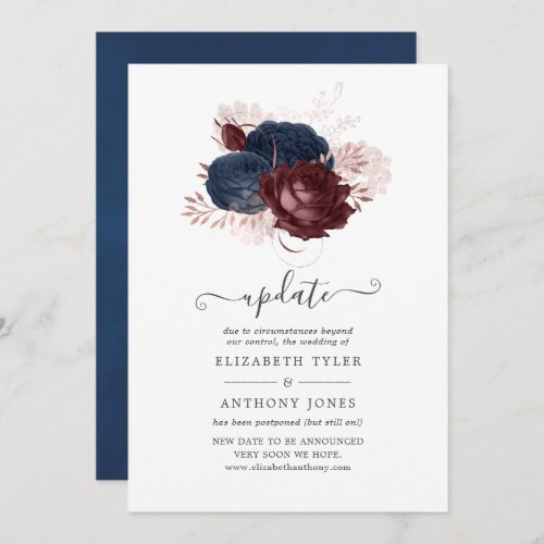 Navy Maroon and Rose Gold Floral Wedding Update Invitation