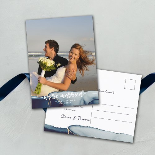 Navy Married Modern Photo Elopement Announcement Postcard