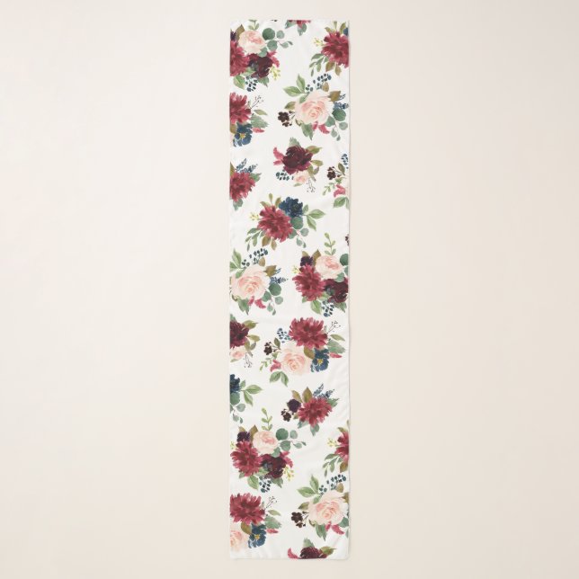 Navy Marsala Blush Floral Shabby Chic Chiffon Scarf (Front)