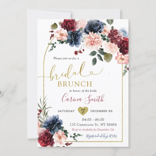 Navy Marsala Elegant Arch Bridal Luncheon Invitation