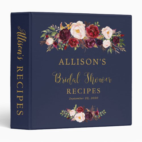 Navy Marsala Floral Bridal Shower Recipe Binder