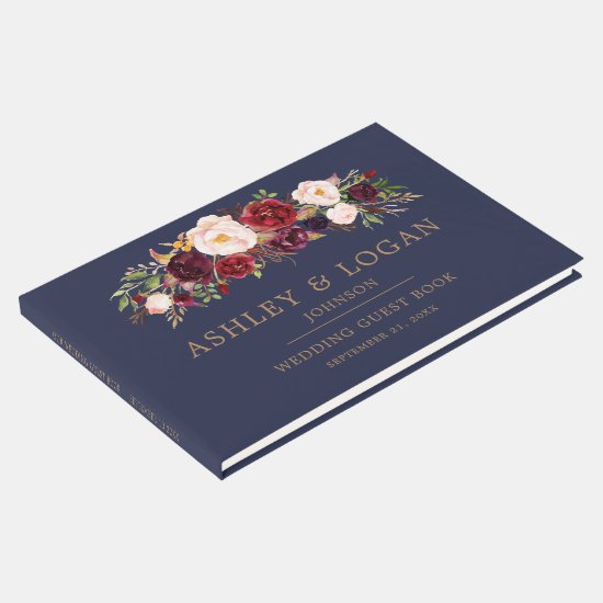 Navy Marsala Floral Elegant Wedding Guest Book