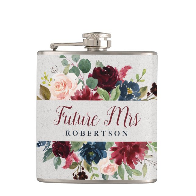 Navy Marsala Floral Future Mrs Bachelorette Custom Flask (Front)