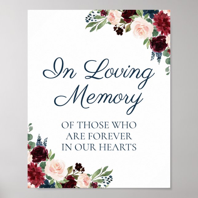 Navy Marsala Floral In Loving Memory Sign Poster (Front)