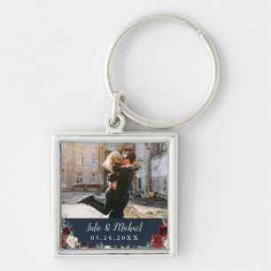 Navy & Marsala Floral Pewter Personalized Photo Keychain