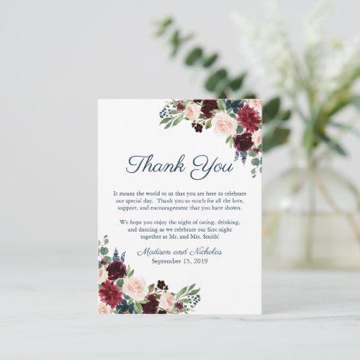 Navy Marsala Floral Place Setting Thank You Card | Zazzle