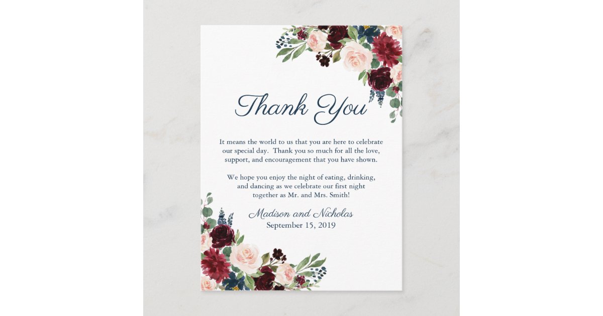 Navy Marsala Floral Place Setting Thank You Card | Zazzle