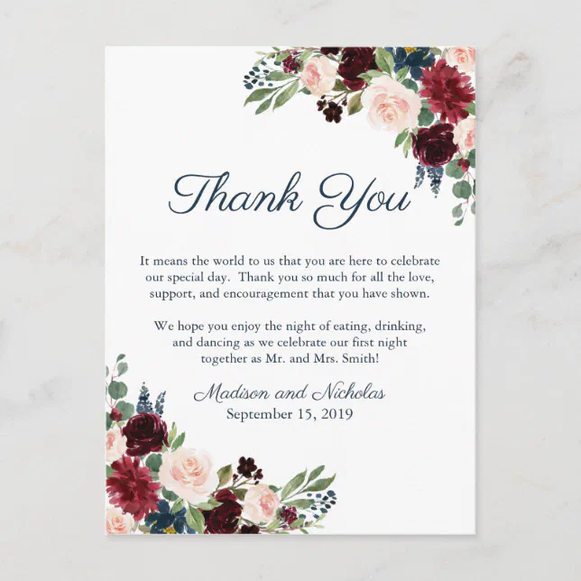 Navy Marsala Floral Place Setting Thank You Card | Zazzle