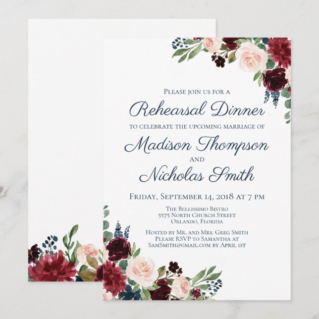 Navy Marsala Floral Rehearsal Dinner Invitations (Front/Back)