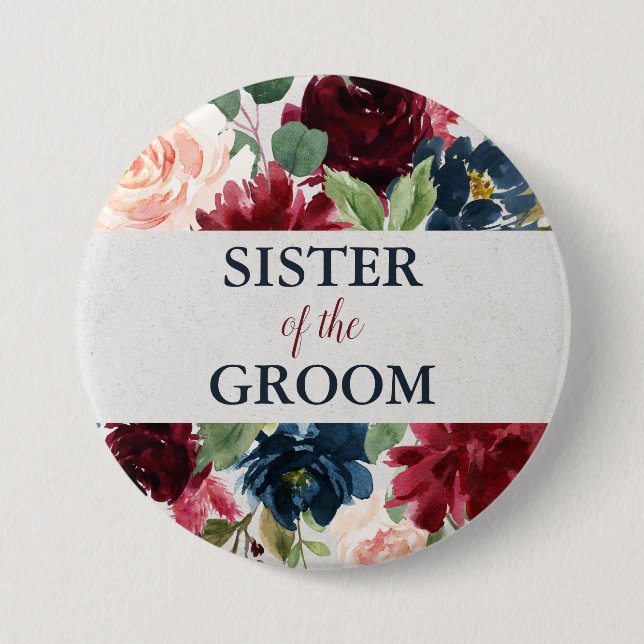 Navy & Marsala Floral Sister of the Groom Gift Button (Front)