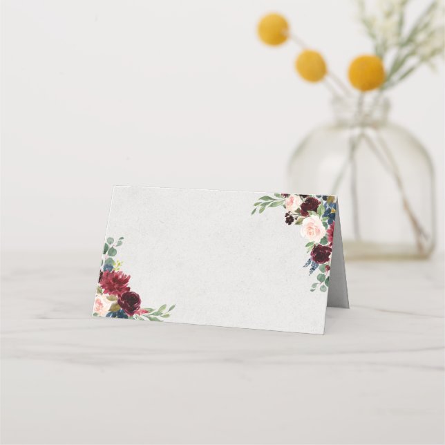 Navy & Marsala Floral Wedding Blank Folded Place Card (Front)
