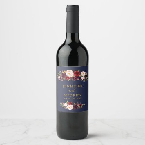 Navy Marsala Floral Wedding Favor Wine Label