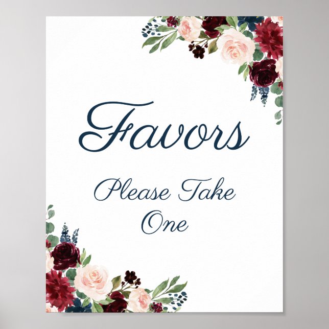 Navy Marsala Floral Wedding Favors Sign (Front)