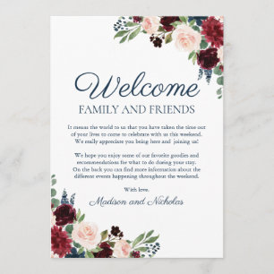 Navy Marsala Floral Wedding Hotel Welcome Cards