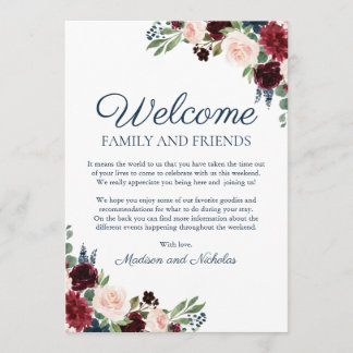 Navy Marsala Floral Wedding Hotel Welcome Cards
