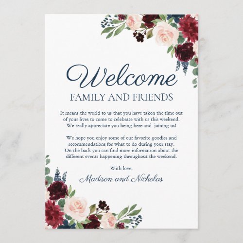 Navy Marsala Floral Wedding Hotel Welcome Cards