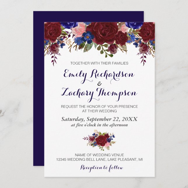 Navy Marsala Floral Wedding Invitation (Front/Back)