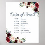 Navy Marsala Floral Wedding Order of Events Sign<br><div class="desc">Use our rustic navy, marsala, and pink flower wedding order of events sign to let your guests know your schedule. The wording is customizable. Use Zazzle's "Personalize this template" tool to enter your own information. If you need to change the placement of the text boxes, font color or size just...</div>