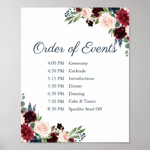 Navy Marsala Floral Wedding Order of Events Sign