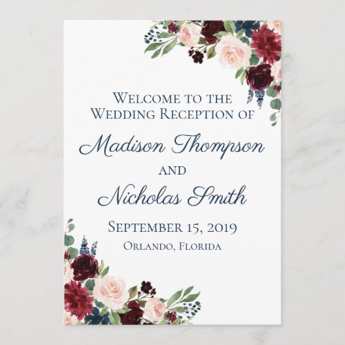 Navy Marsala Floral Wedding Reception Programs