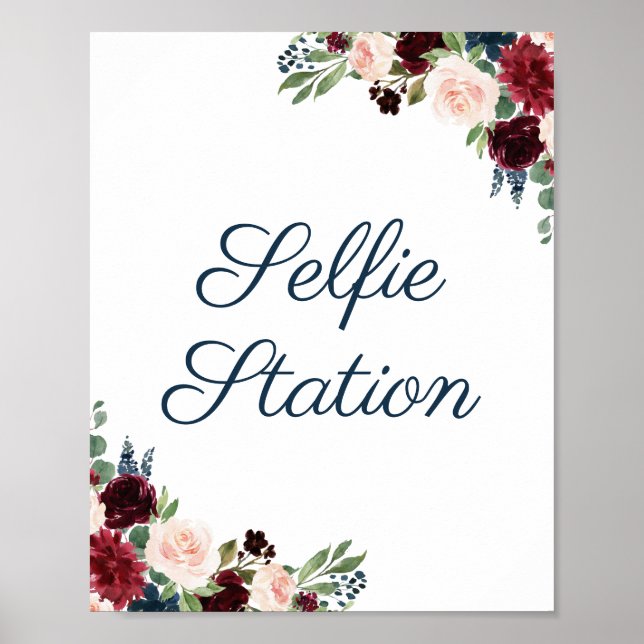 Navy Marsala Floral Wedding Selfie Station Sign (Front)