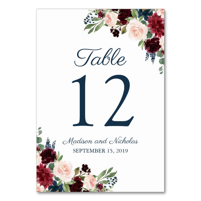 Navy Marsala Floral Wedding Table Number Cards (Front)