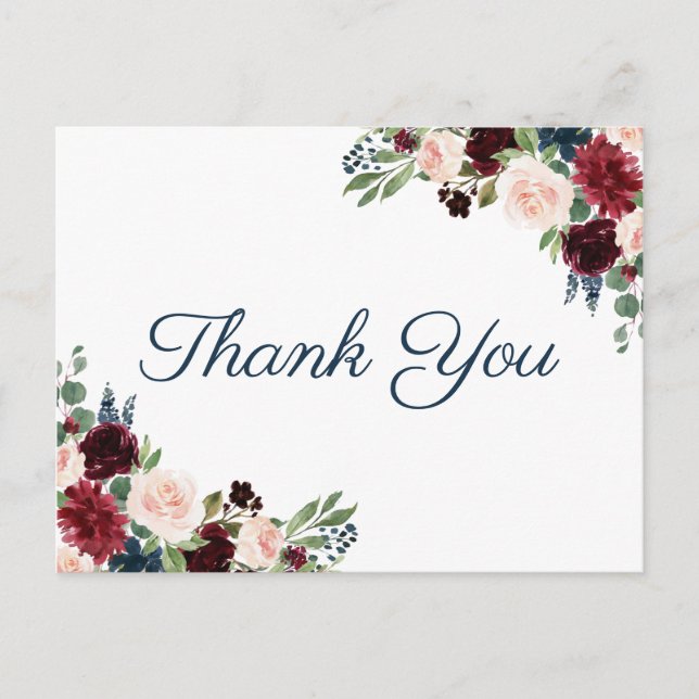 Navy Marsala Floral Wedding Thank You Postcards (Front)