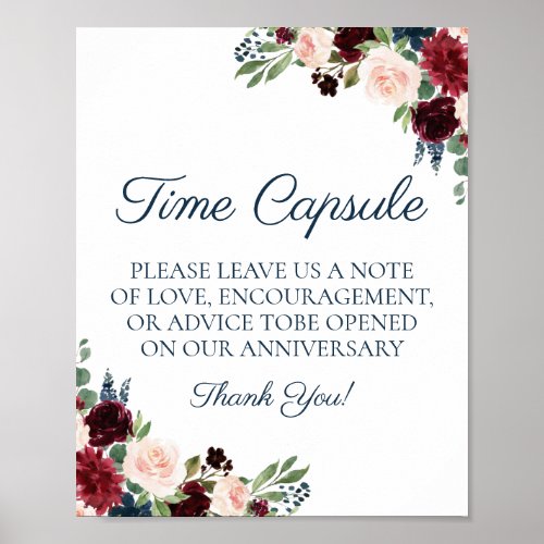 Navy Marsala Floral Wedding Time Capsule Sign