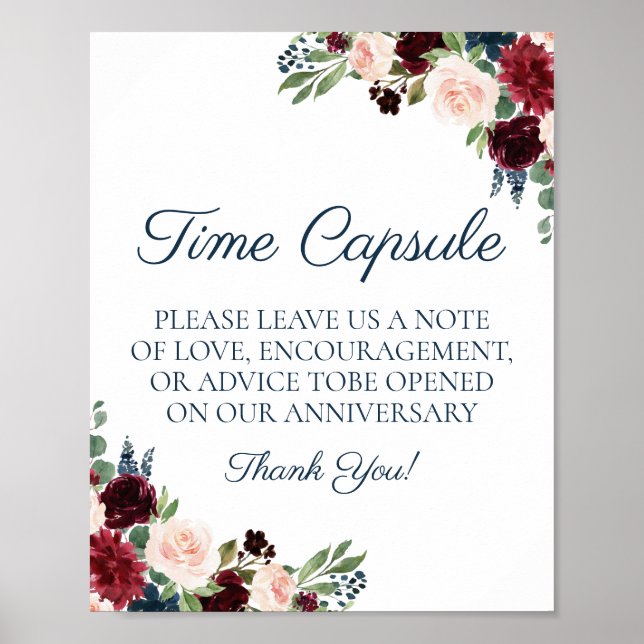 Navy Marsala Floral Wedding Time Capsule Sign (Front)