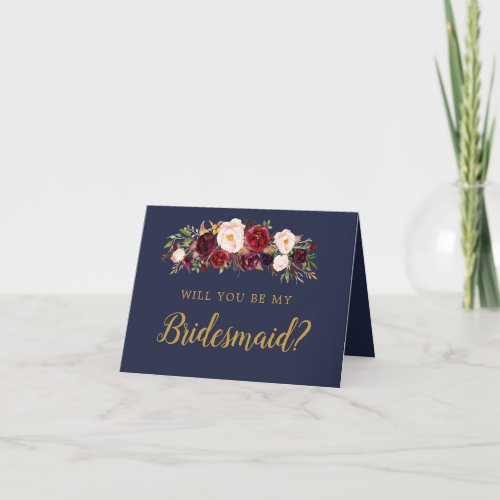 Navy Marsala Floral Will You Be My Bridesmaid Card