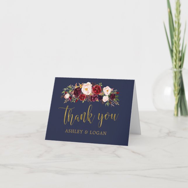 Navy Marsala FloralAutumn Wedding Thank You Card (Front)