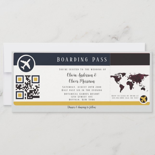 Navy Marsala Gold Boarding Pass Wedding Invitation (Front)