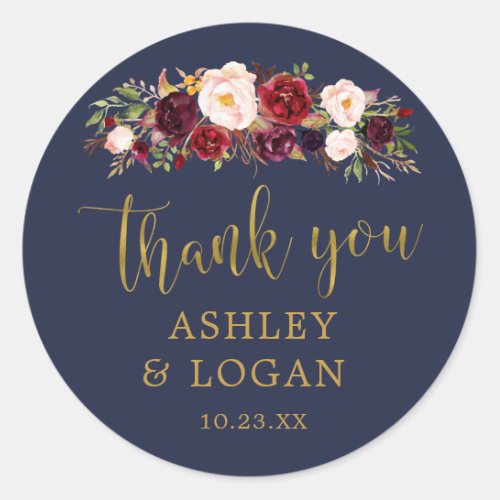 Navy Marsala Gold Flowers Thank You Favor Sticker