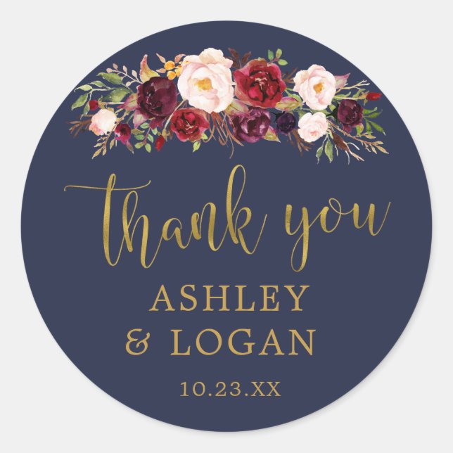 Navy Marsala Gold Flowers Thank You Favor Sticker (Front)