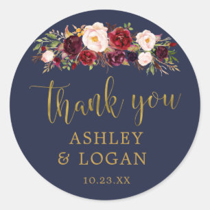 Navy Marsala Gold Flowers Thank You Favor Sticker