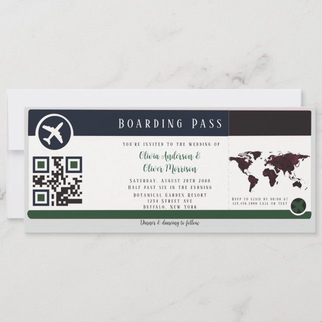 Navy Marsala Green Boarding Pass Wedding Invitatio Invitation (Front)