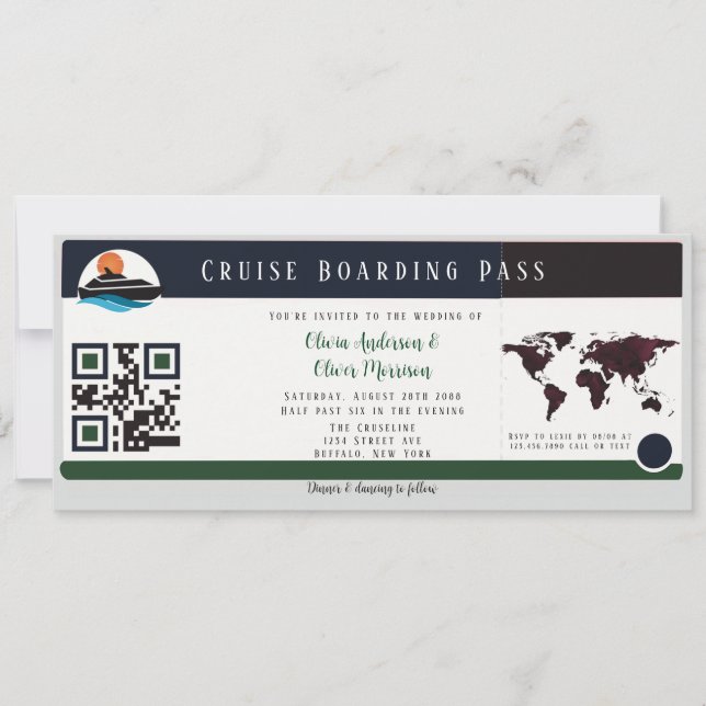 Navy Marsala Green Cruise Boarding Pass Wedding Invitation (Front)