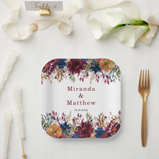 Navy Marsala Orange Fall Floral Geometric  Paper Plates (Wedding)