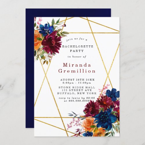 Navy Marsala Orange Floral Bachelorette Party  Invitation