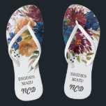 Navy Marsala Orange Floral Bridesmaid Favor Flip Flops<br><div class="desc">This design features a floral element in navy blue,  orange and Marsala burgundy with autumn fall foliage watercolor leaves and wildflowers. Matching products available in collection “ Navy Marsala Orange Floral Geometric Wedding “</div>