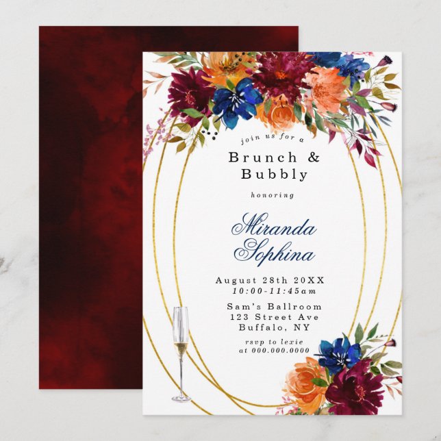Navy Marsala Orange Floral  Brunch & Bubbly Invite (Front/Back)
