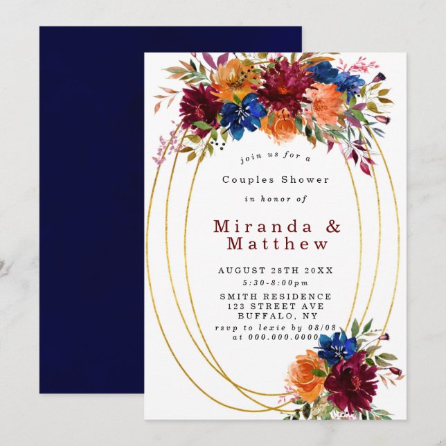 Navy Marsala Orange Floral Couples Shower Invite (Front/Back)