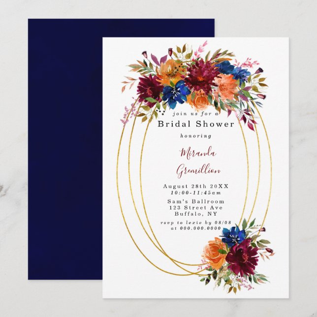 Navy Marsala Orange Floral Geometric Bridal Shower Invitation (Front/Back)