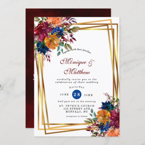 Navy Marsala Orange Floral Geometric Wedding  Invi Invitation