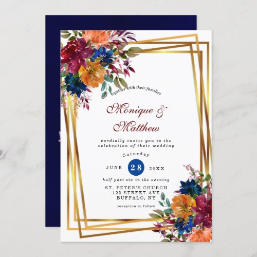 Navy Marsala Orange Floral Geometric Wedding  Invitation