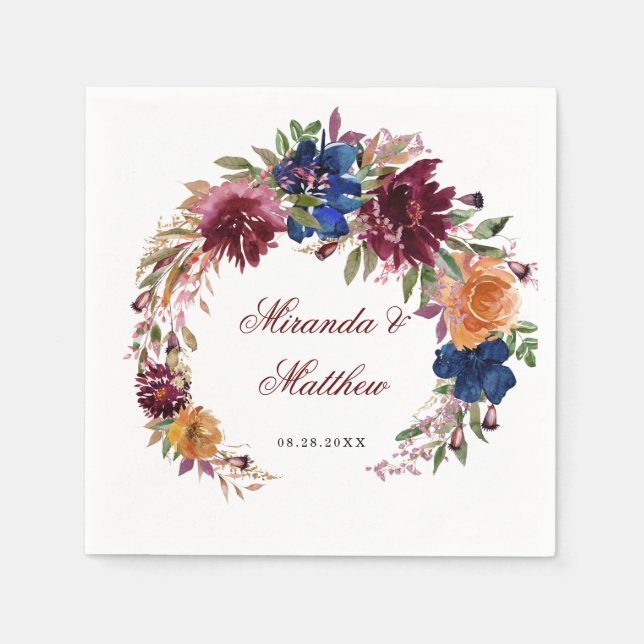 Navy Marsala Orange Floral Geometric Wedding  Napkins (Front)