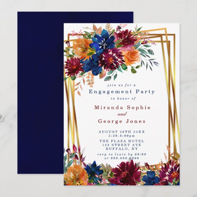 Navy Marsala Orange Floral Gold Engagement Party I Invitation (Front/Back)