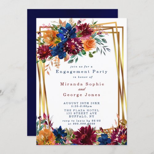 Navy Marsala Orange Floral Gold Engagement Party I Invitation